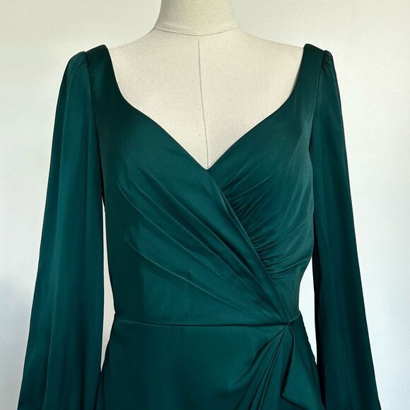 LaDivine Wrap-Effect Emerald Satin Gown 10 Formal Wedding Christmas Gala Glam - Picture 6 of 16